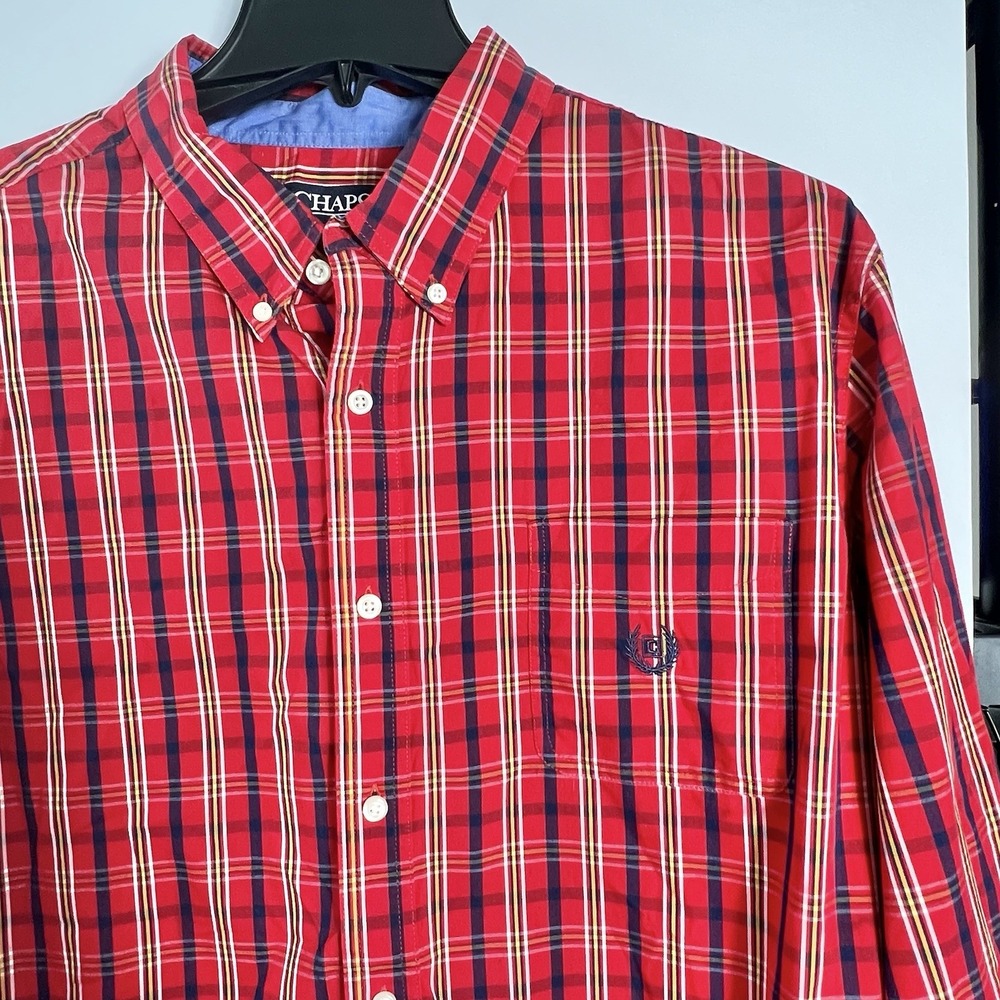 Chaps Mens Size XXL Red Multicolor Plaid Stretch Button Down Shirt Easy Care EUC